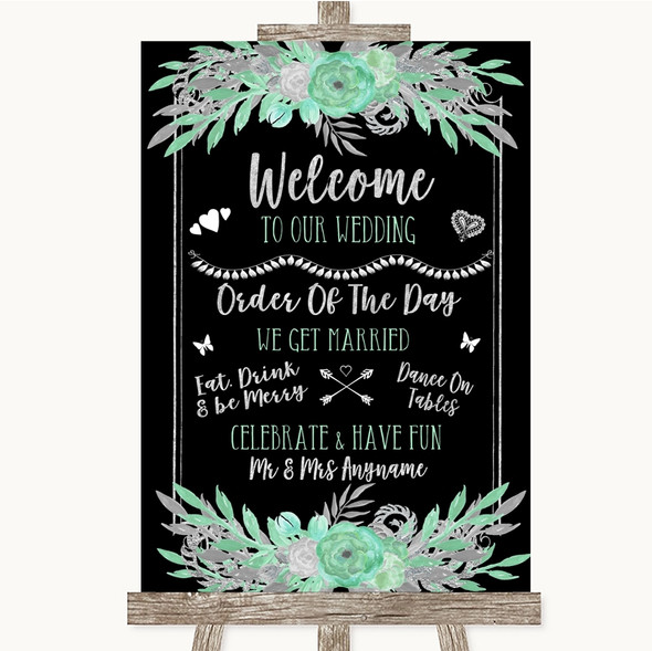 Black Mint Green & Silver Welcome Order Of The Day Personalised Wedding Sign