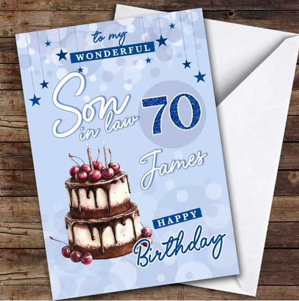 Personalised Son-In-Law 70th Birthday Card Blue Cherry Cake