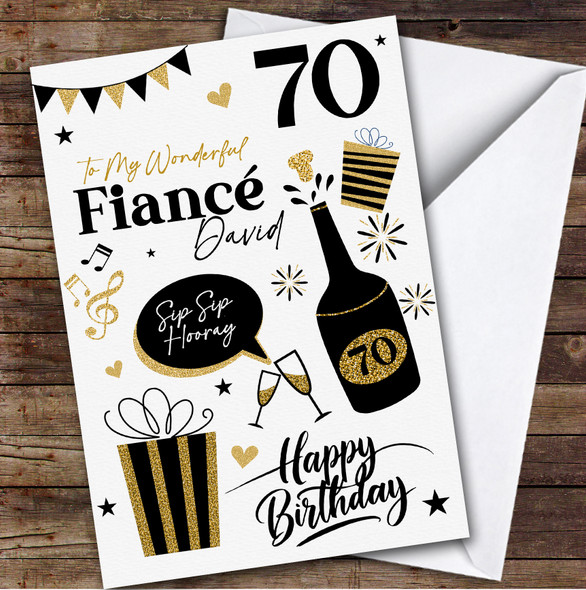 Personalised Birthday Card For Fiance 70th Black Gold Presents