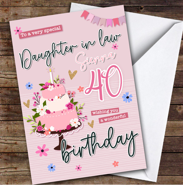 Personalised Daughter-In-Law 40th Birthday Card Pink Birthday Card Cake