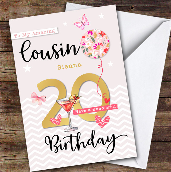 Personalised Female Cousin 20th Birthday Card Balloon Hearts