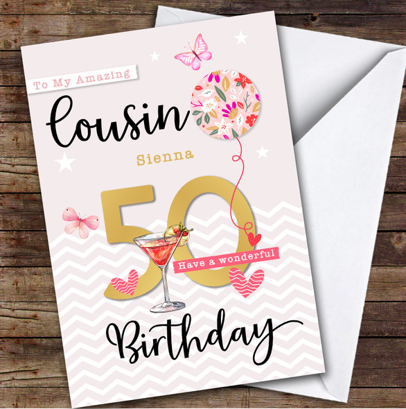 Personalised Female Cousin 50th Birthday Card Balloon Hearts