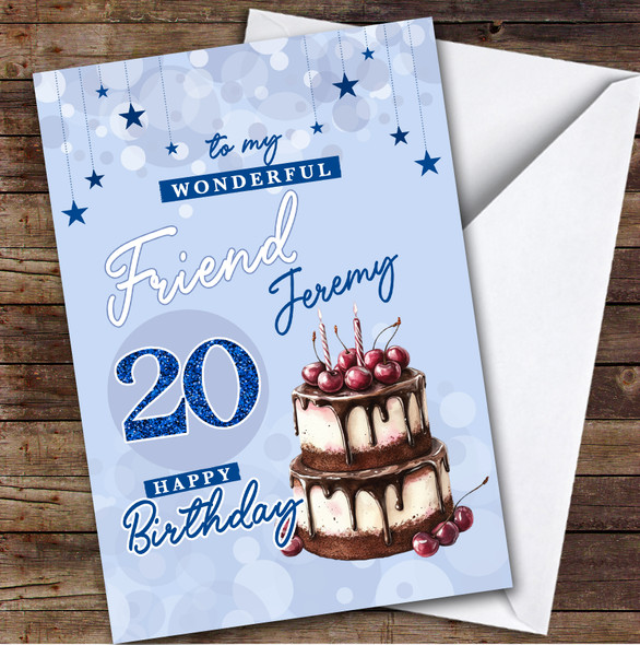 Personalised Male Friend 20th Birthday Card Blue Cherry Cake