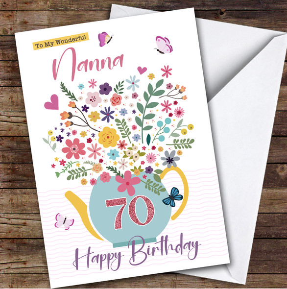 Personalised Nanna 70th Birthday Card Tea Pot