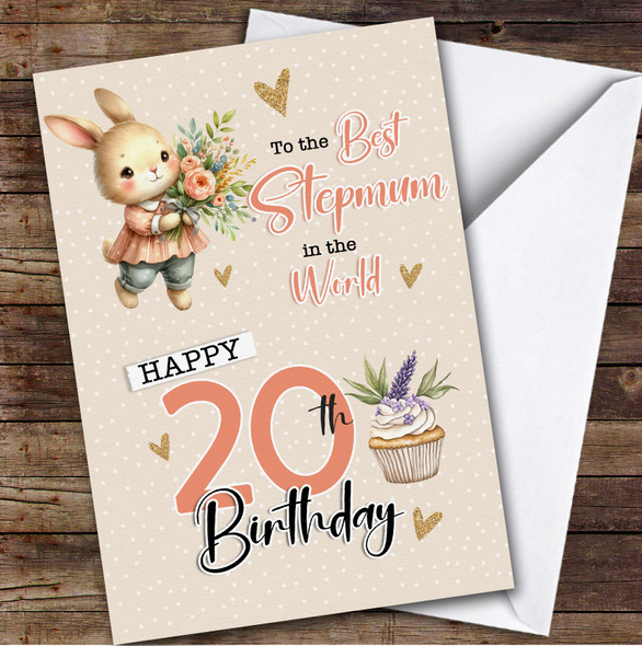 Personalised Stepmum 20th Birthday Card Bunny With Flowers