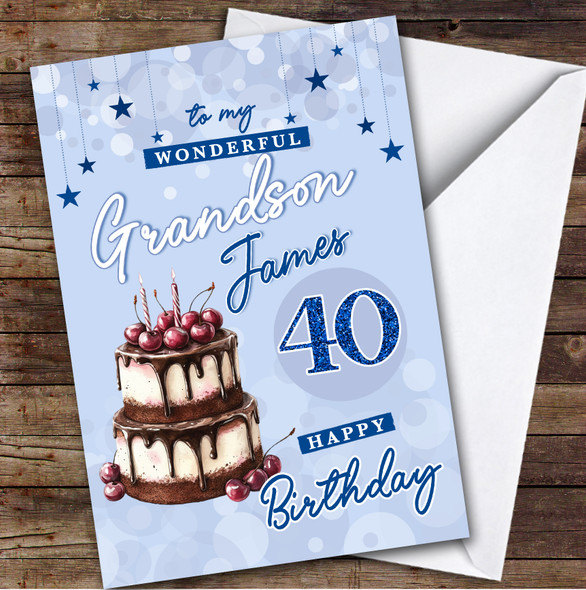 Personalised Grandson 40th Birthday Card Blue Cherry Cake