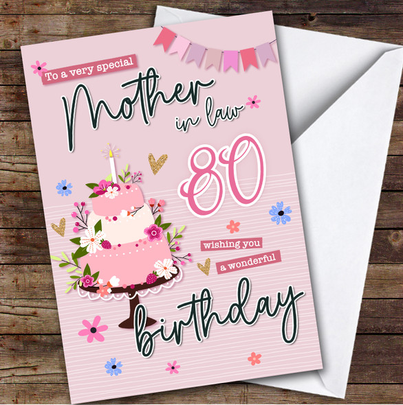 Personalised Mother-In-Law 80th Birthday Card Pink Birthday Card Cake