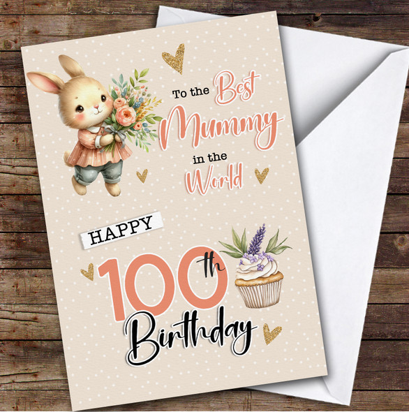 Personalised Mummy 100th Birthday Card Bunny With Flowers