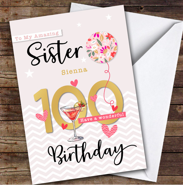 Personalised Sister 100th Birthday Card Balloon Hearts