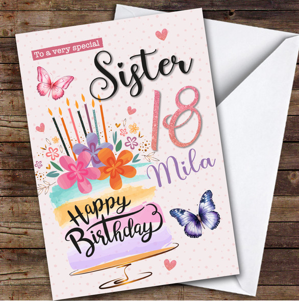 Personalised Sister 18th Birthday Card Cake