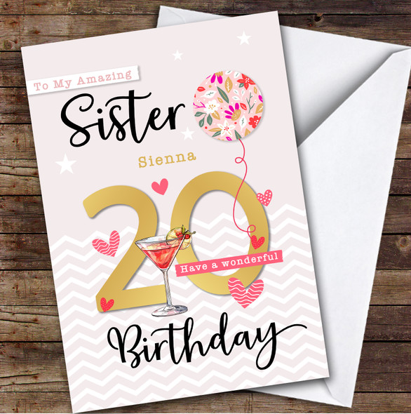 Personalised Sister 20th Birthday Card Balloon Hearts