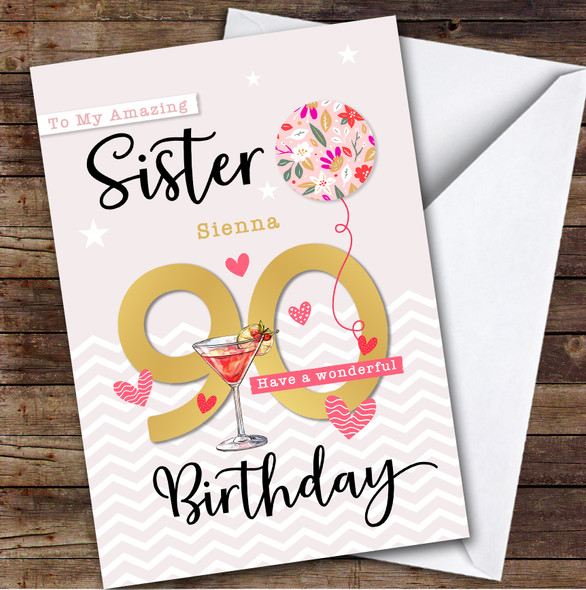 Personalised Sister 90th Birthday Card Balloon Hearts