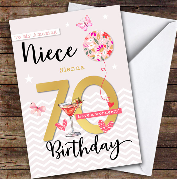 Personalised Niece 70th Birthday Card Balloon Hearts