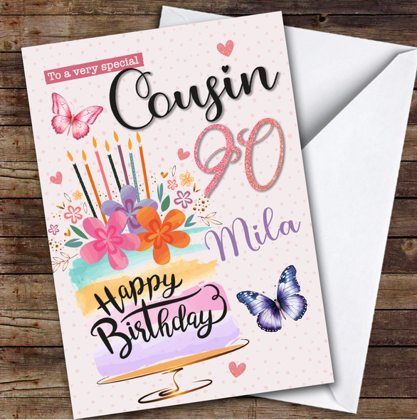 Personalised Female Cousin 90th Birthday Card Cake