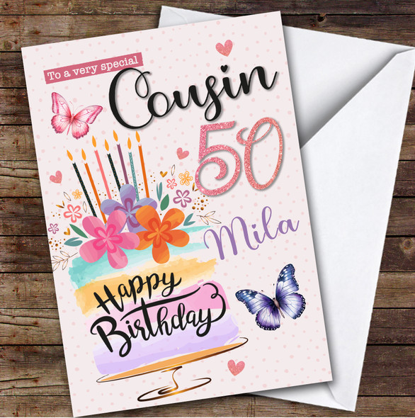 Personalised Female Cousin 50th Birthday Card Cake