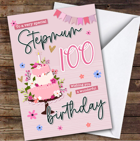 Personalised Stepmum 100th Birthday Card Pink Birthday Card Cake