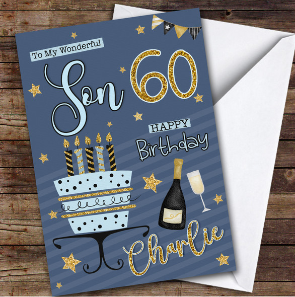 Personalised Son 60th Blue Gold Birthday Card Cake