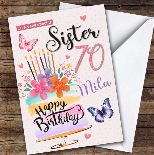 Personalised Sister 70th Birthday Card Cake
