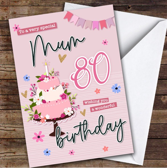 Personalised Mum 80th Birthday Card Pink Birthday Card Cake