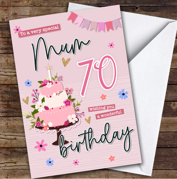Personalised Mum 70th Birthday Card Pink Birthday Card Cake