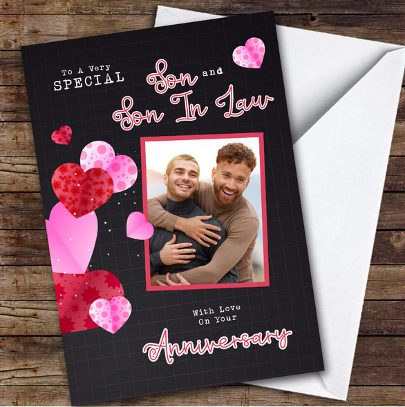 Personalised Wedding Anniversary Card For Son & Son-In-Law Hearts Black Photo