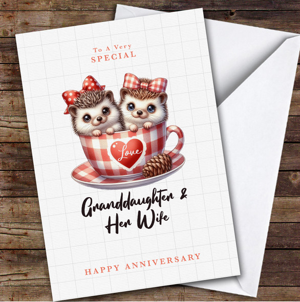 Personalised Anniversary Card For Granddaughter & Her Wife Hedgehog Tea Cup