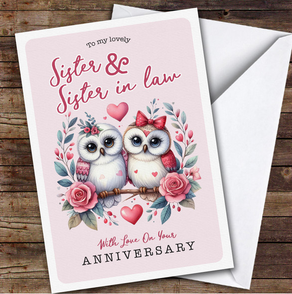 Personalised Wedding Anniversary Card For Sister & Sister-In-Law Owl Lesbian