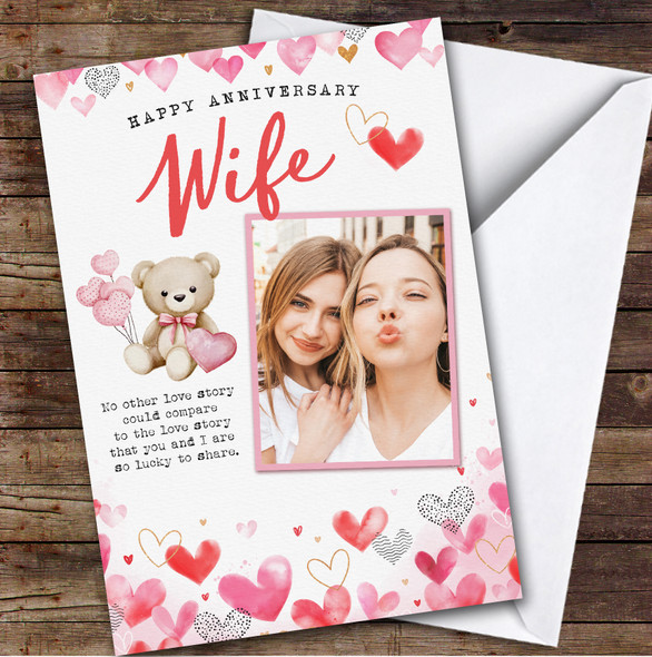Personalised Wedding Anniversary Card For Wife Hearts Teddy Bear Photo