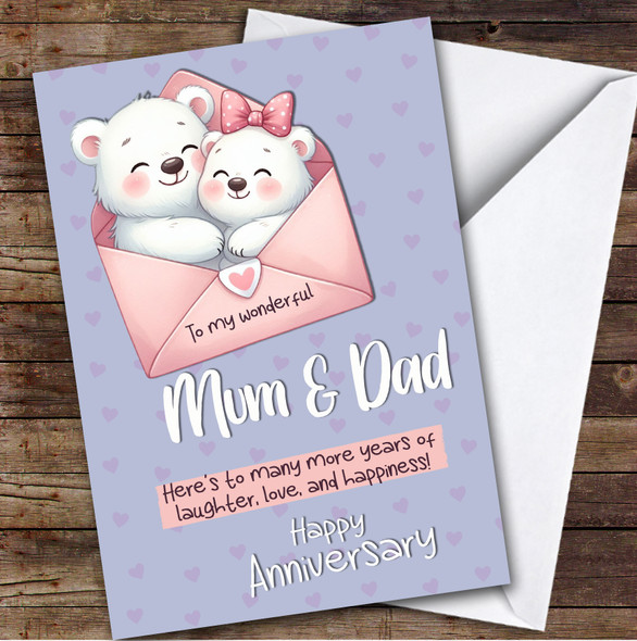 Personalised Anniversary Card For Mum & Dad Pink Envelope Polar Bear Couple
