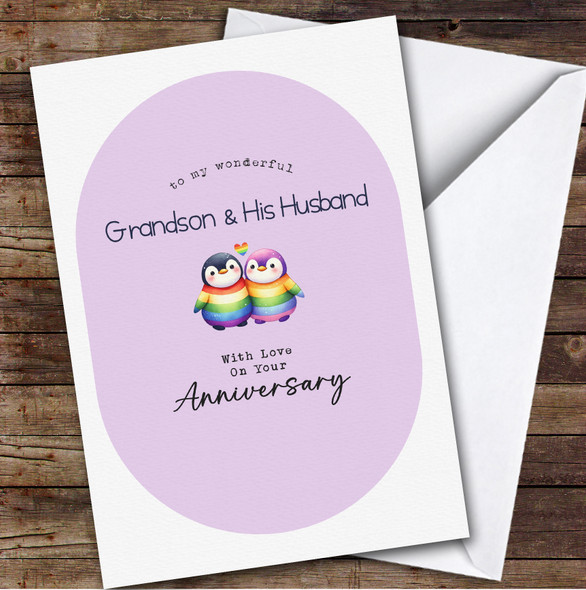 Personalised Wedding Anniversary Card For Grandson & His Husband Lgbt Penguins