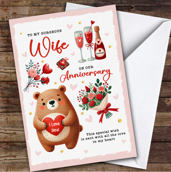 Personalised Wedding Anniversary Card For Wife Bear With Heart