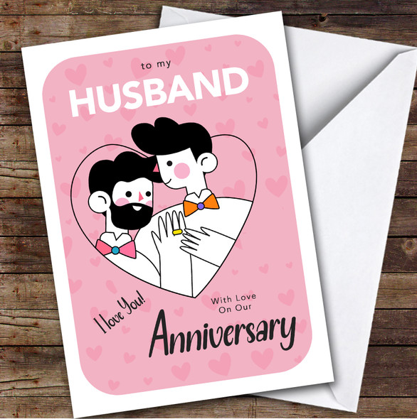 Personalised Wedding Anniversary Card For Husband Pink Hearts Gay
