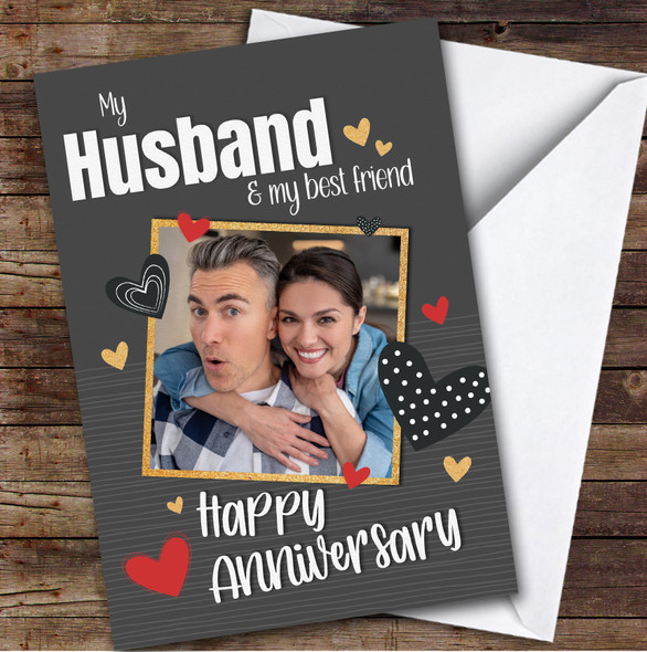 Husband Wedding Anniversary Card Red Gold Hearts Photo