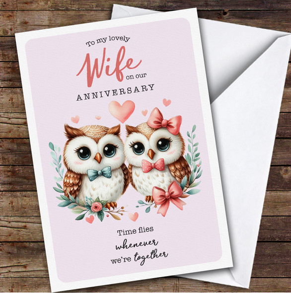 Personalised Wedding Anniversary Card For Wife Pink Owl Couple