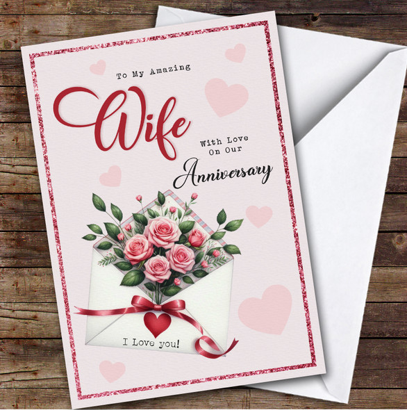 Personalised Wedding Anniversary Card For Wife Pink Roses Envelope