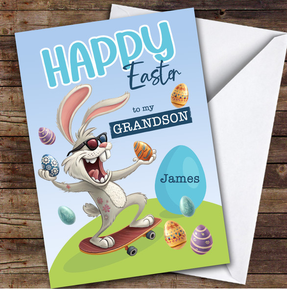 Grandson Kids Personalised Easter Card Funny Bunny Skateboard