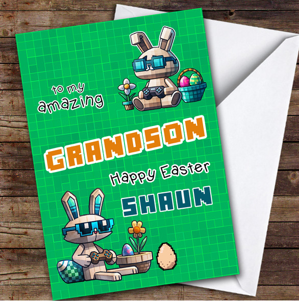Grandson Kids Personalised Easter Card Minecraft Bunny