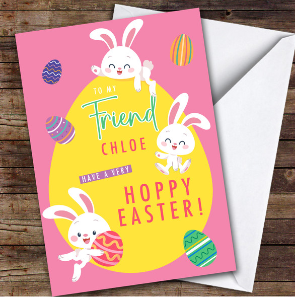 Female Friend Kids Personalised Easter Card Eggs Cute Bunnies