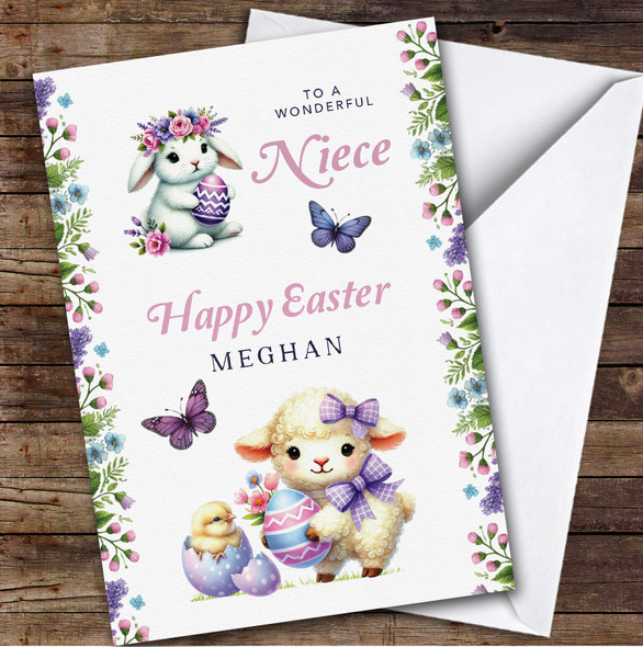 Niece Kids Personalised Easter Card Purple Cute Sheep Bunny