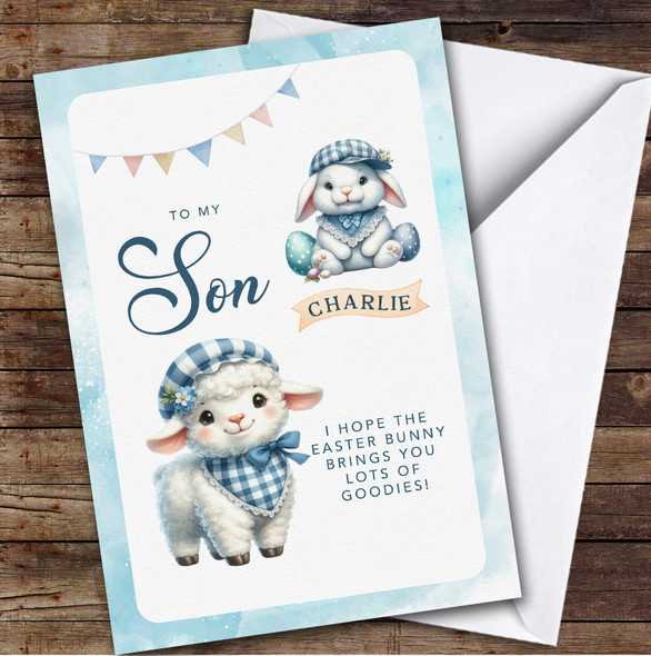 Son Personalised Easter Card Blue Cute Baby Sheep & Bunny
