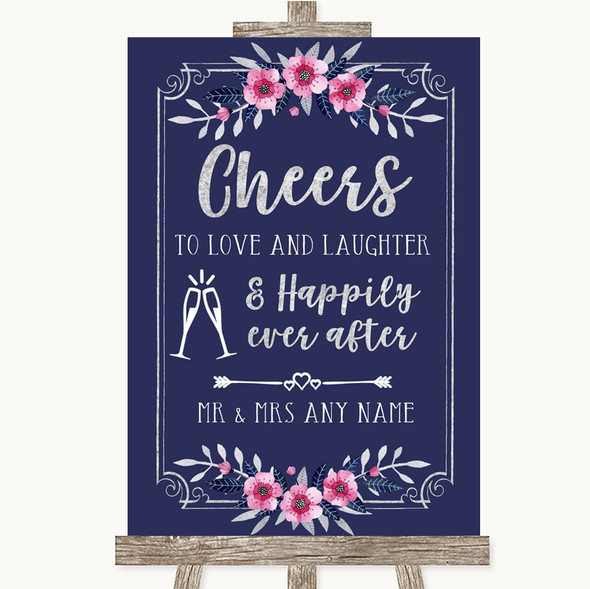 Navy Blue Pink & Silver Cheers To Love Personalised Wedding Sign