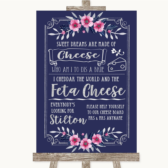 Navy Blue Pink & Silver Cheeseboard Cheese Song Personalised Wedding Sign