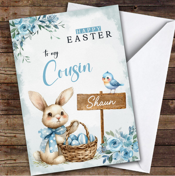 Male Cousin Kids Personalised Easter Card Blue Bunny