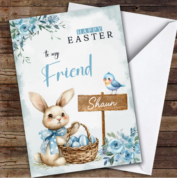 Male Friend Kids Personalised Easter Card Blue Bunny