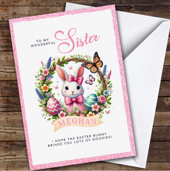 Sister Kids Personalised Easter Card Wreath Bunny