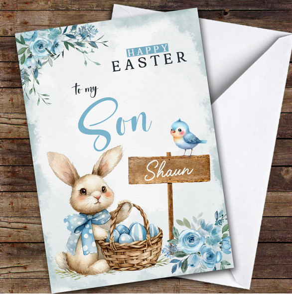 Son Kids Personalised Easter Card Blue Bunny