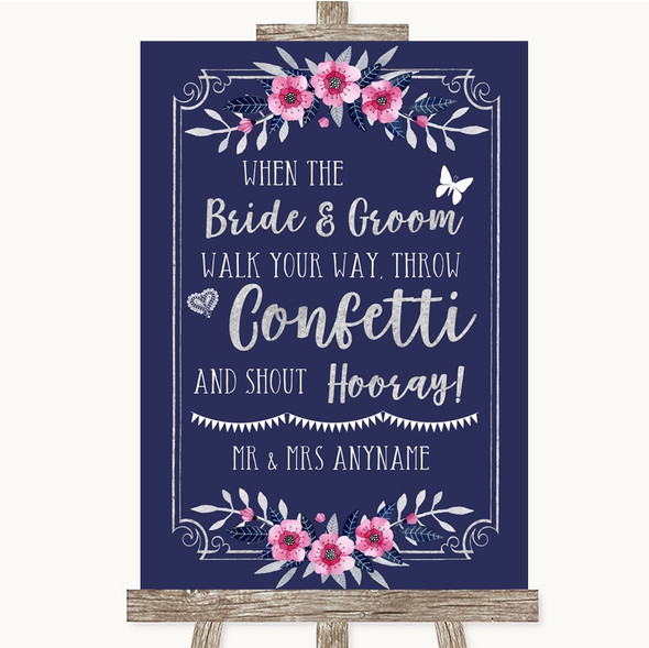 Navy Blue Pink & Silver Confetti Personalised Wedding Sign