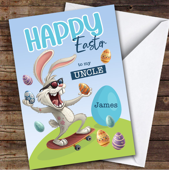 Uncle Personalised Easter Card Funny Bunny Skateboard