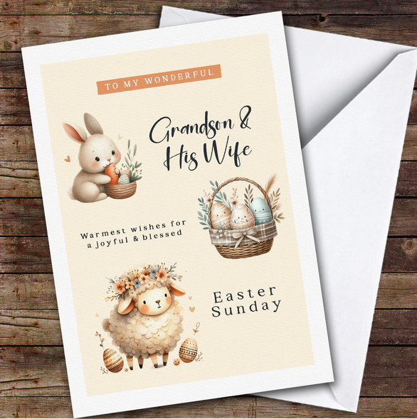 Personalised Easter Card To Grandson & His Wife Yellow Sheep Bunny
