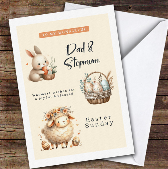 Personalised Easter Card Dad & Stepmum Yellow Sheep Bunny
